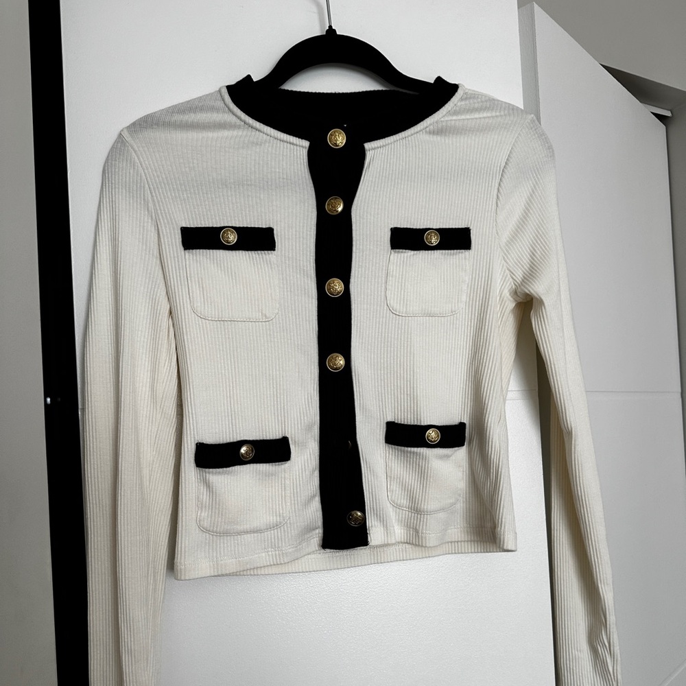 J Crew Cream and Black Cardigan with Gold Buttons